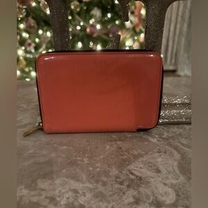 Celine Black and Coral Wallet with Gold Zipper Detail